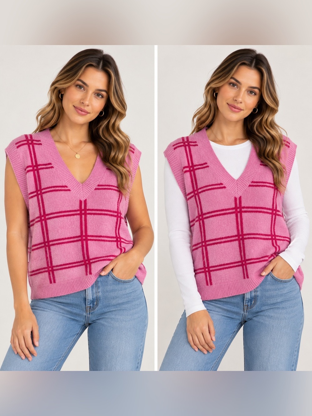 Pink Check Knit V-Neck Sweater Vest